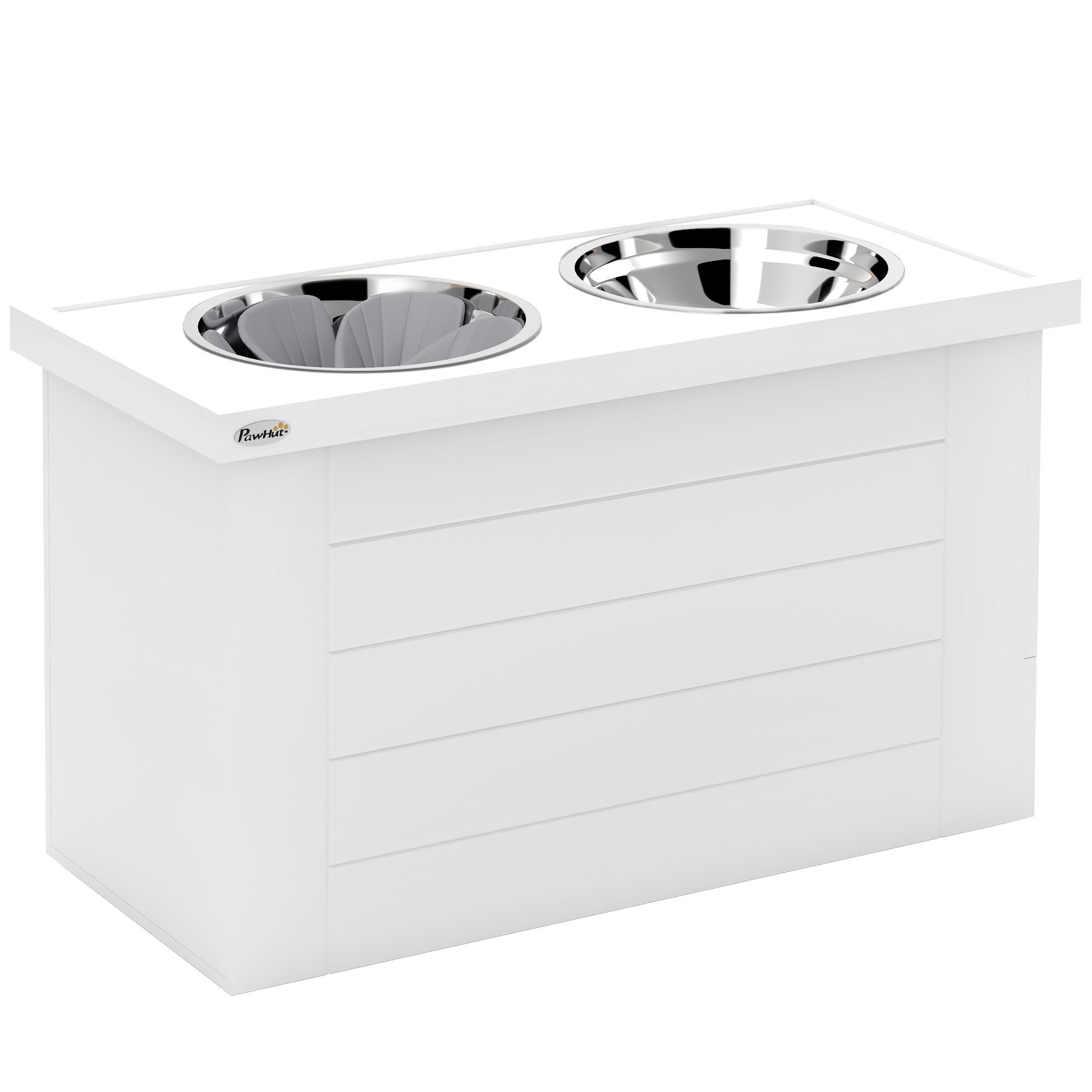 PawHut Elevated Dog Bowls with Slow Feeder Mat, Storage Cabinet, 3 Stainless Steel Bowls for Large & Extra Large Dogs, White PawHut Elevated Dog Bowls with Slow Feeder Mat, Storage Cabinet, 3 Stainless Steel Bowls for Large & Extra Large Dogs, White